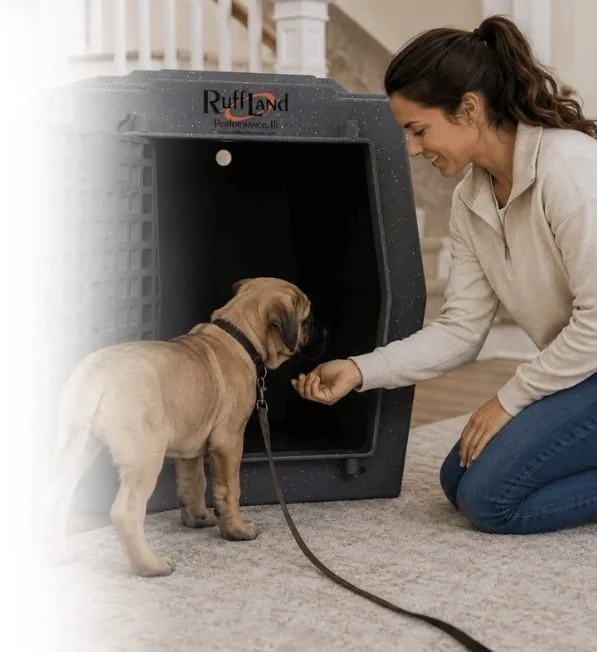 Woman introducing a young puppy to a Ruff Land kennel during in-home crate training.