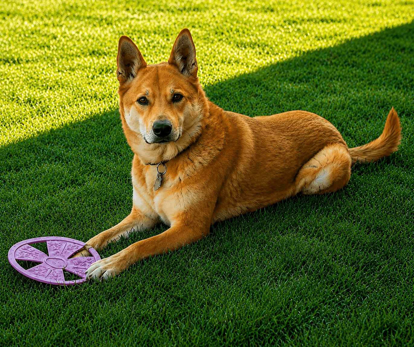 Well-trained mixed breed dog calmly lying on the grass beside a training toy during outdoor obedience training.