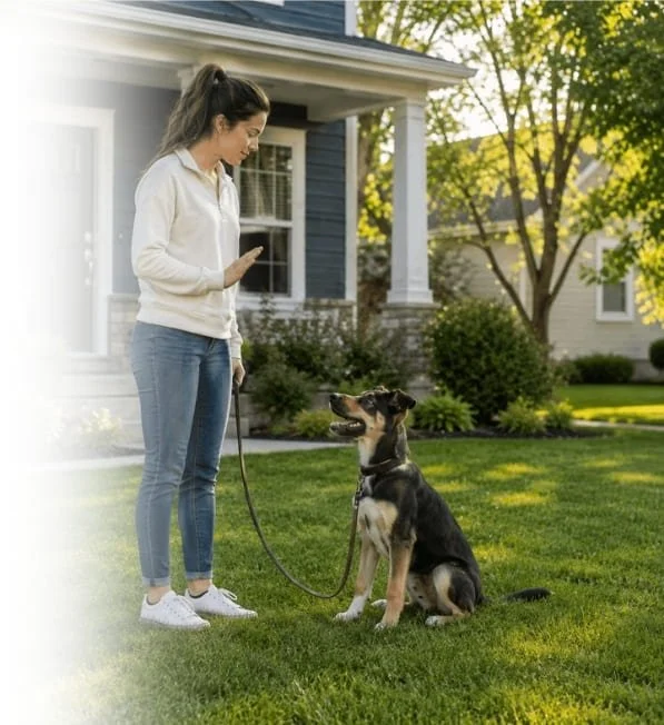 Woman practicing a sit command and calm obedience with her dog during in-home dog training.