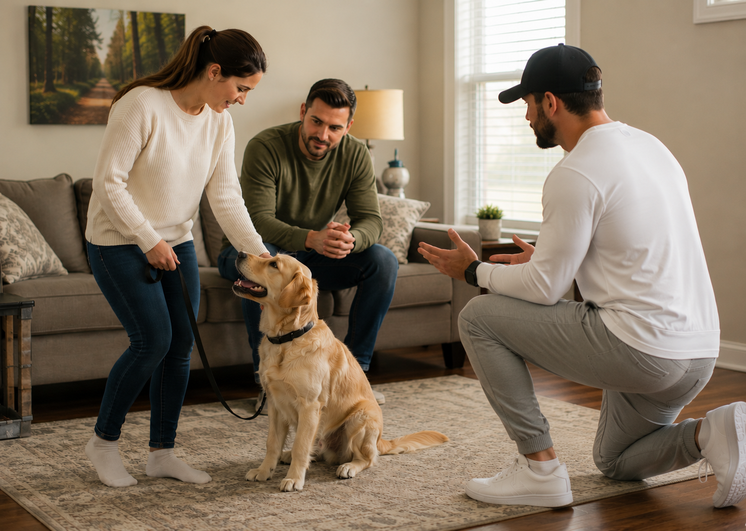 Dog trainer kneeling while explaining training methods with owners and dog.
