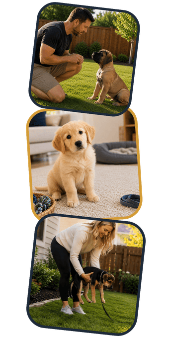 Puppies learning early skills through potty training, home routines, and one-on-one puppy training with their owners.