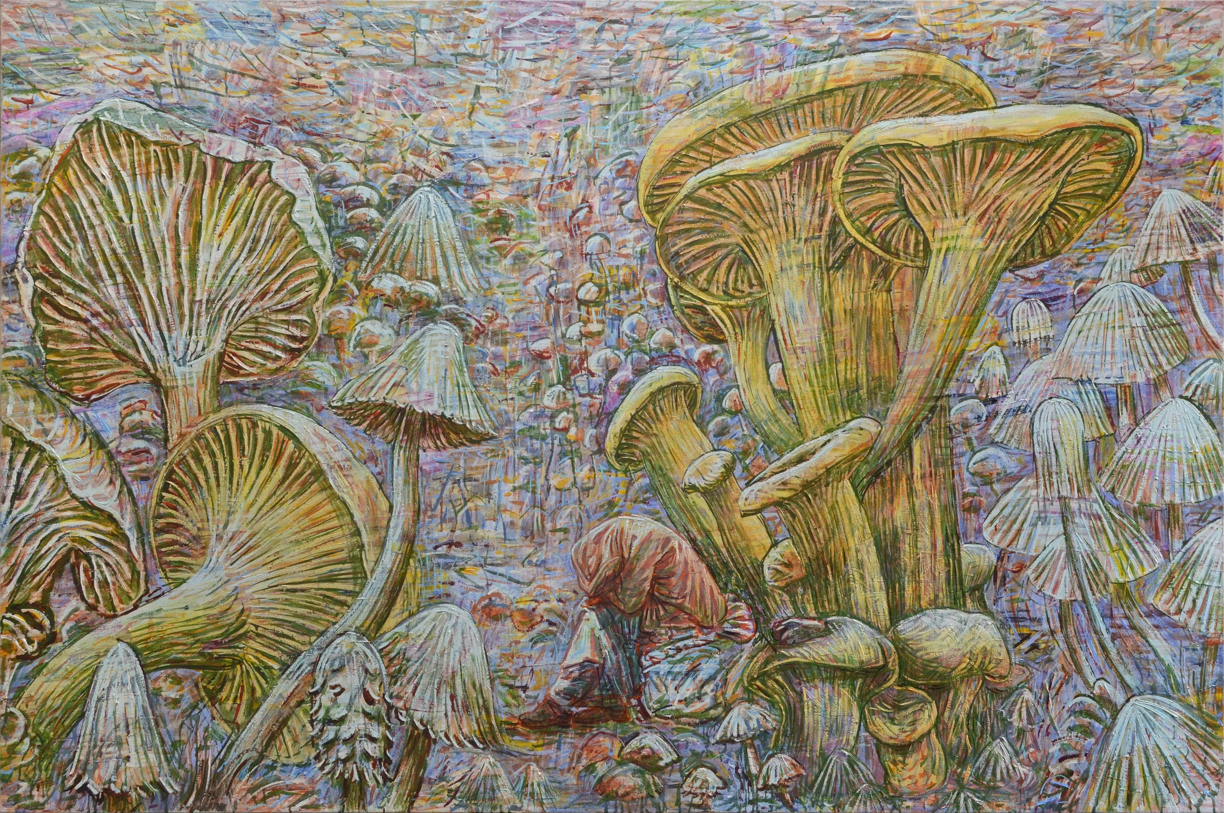 Le sommeil de la folie engendre champignons, 2020, huile sur toile, 130 x 195 cm