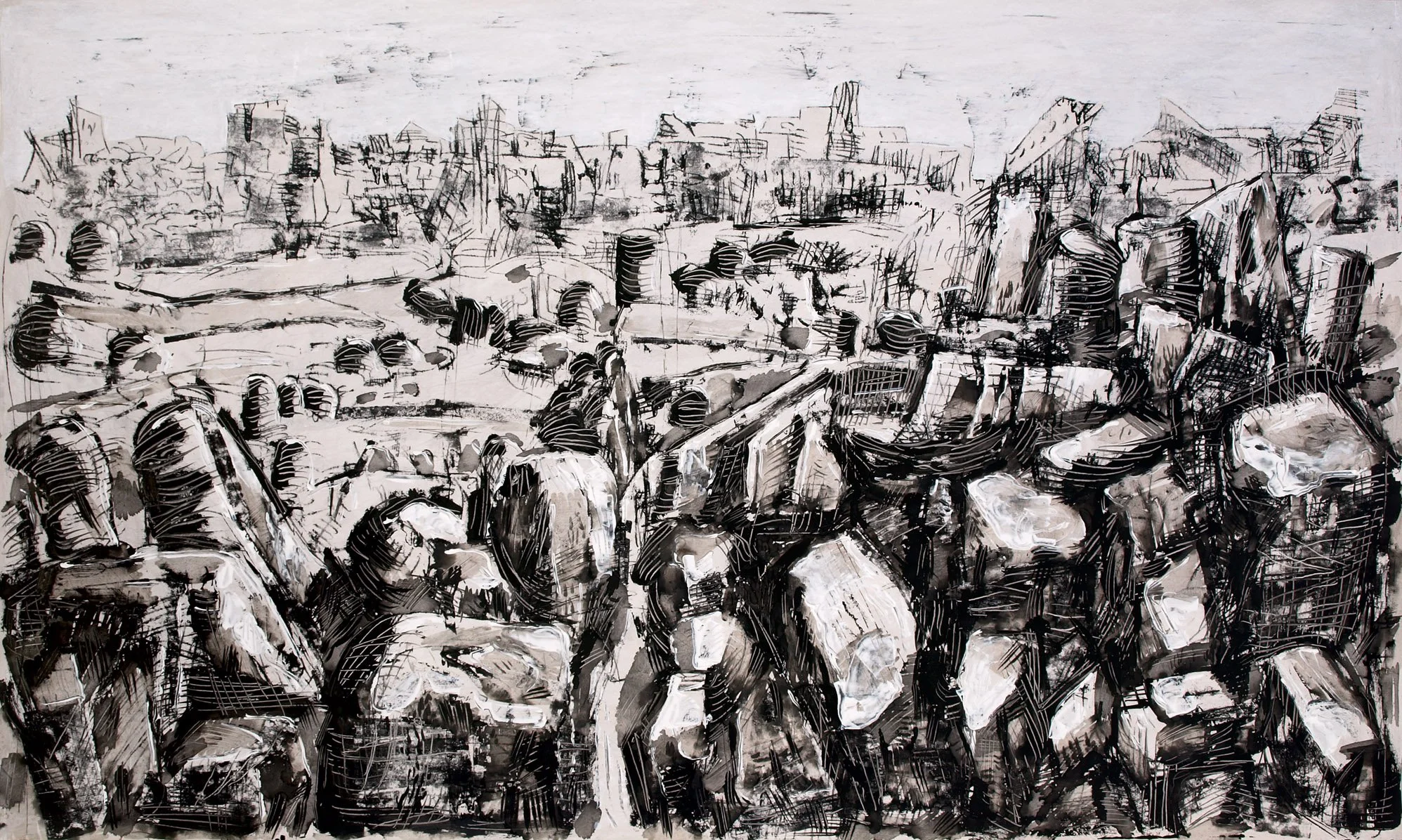Ville en ruine III, Monotype et huile sur papier, 2011, 80x135 cm