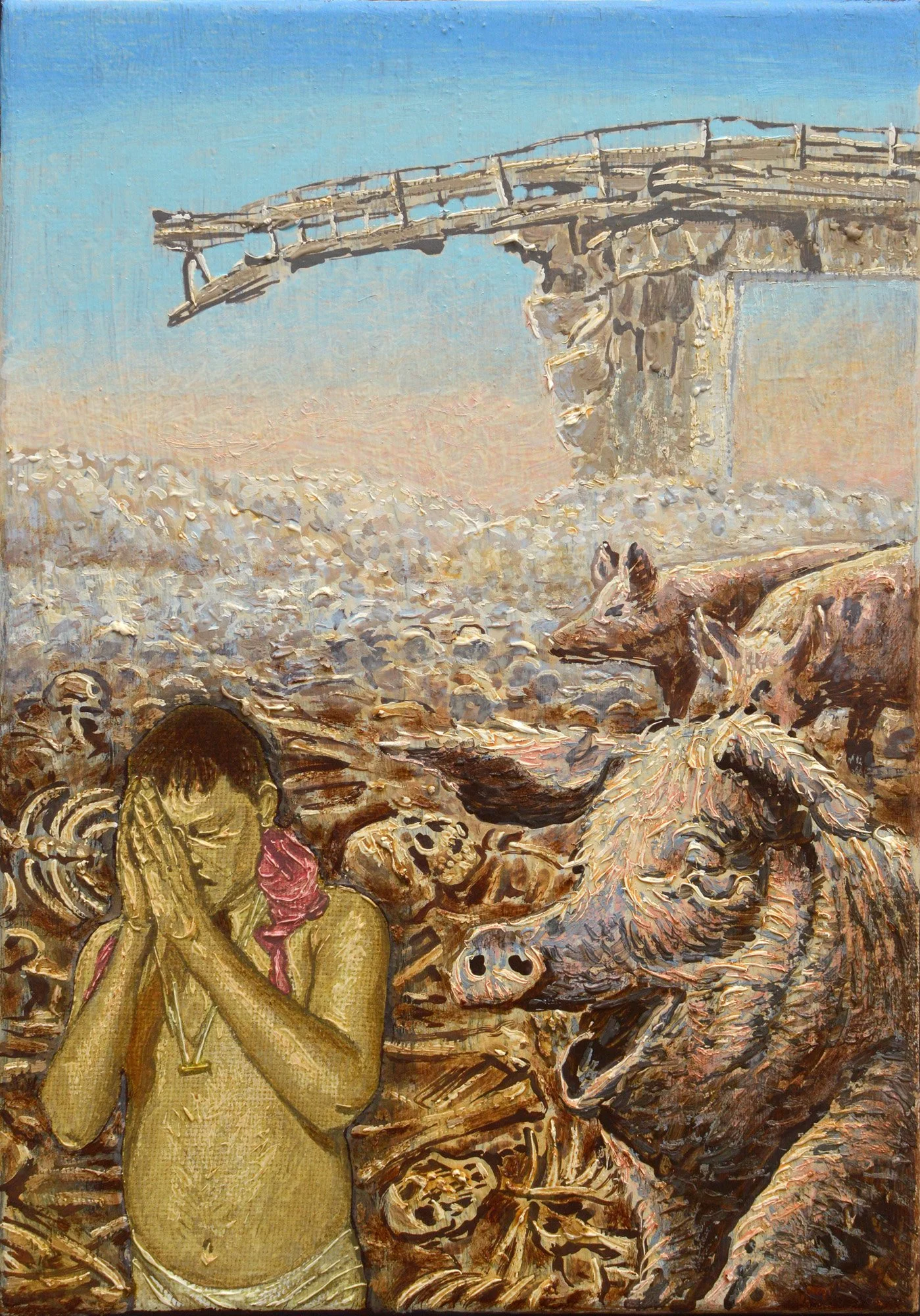 Porcs, 2018, huile sur toile, 29x17 cm