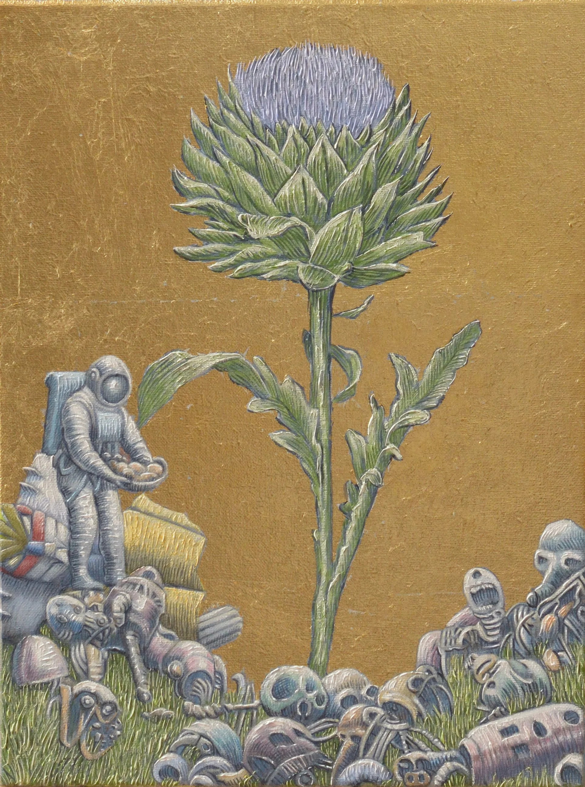 Artichaut, 2024, huile et feuille d'or sur toile, 40x30 cm