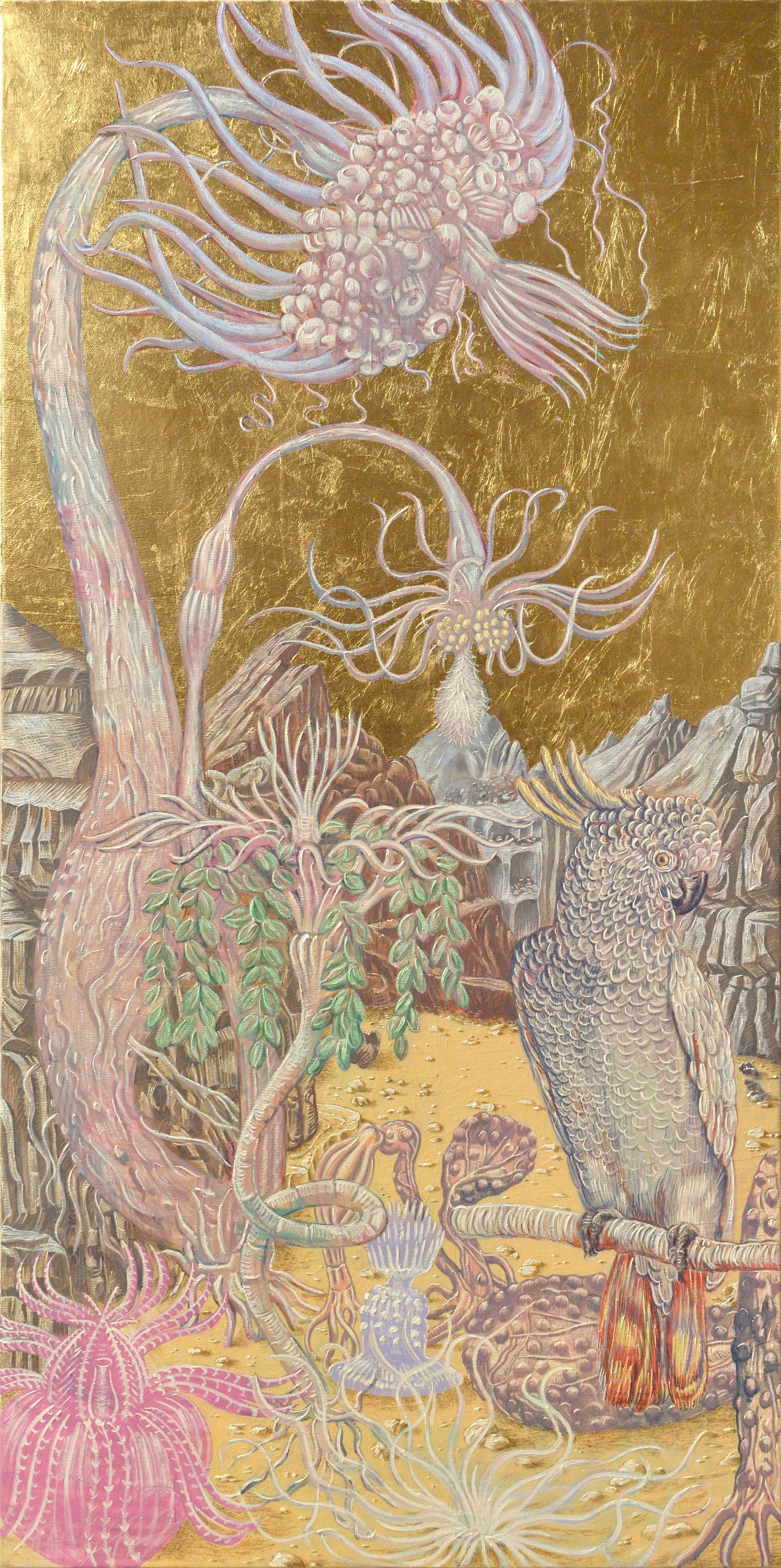 Le gardien, 2022, huile et feuille d'or sur toile, 120x60 cm