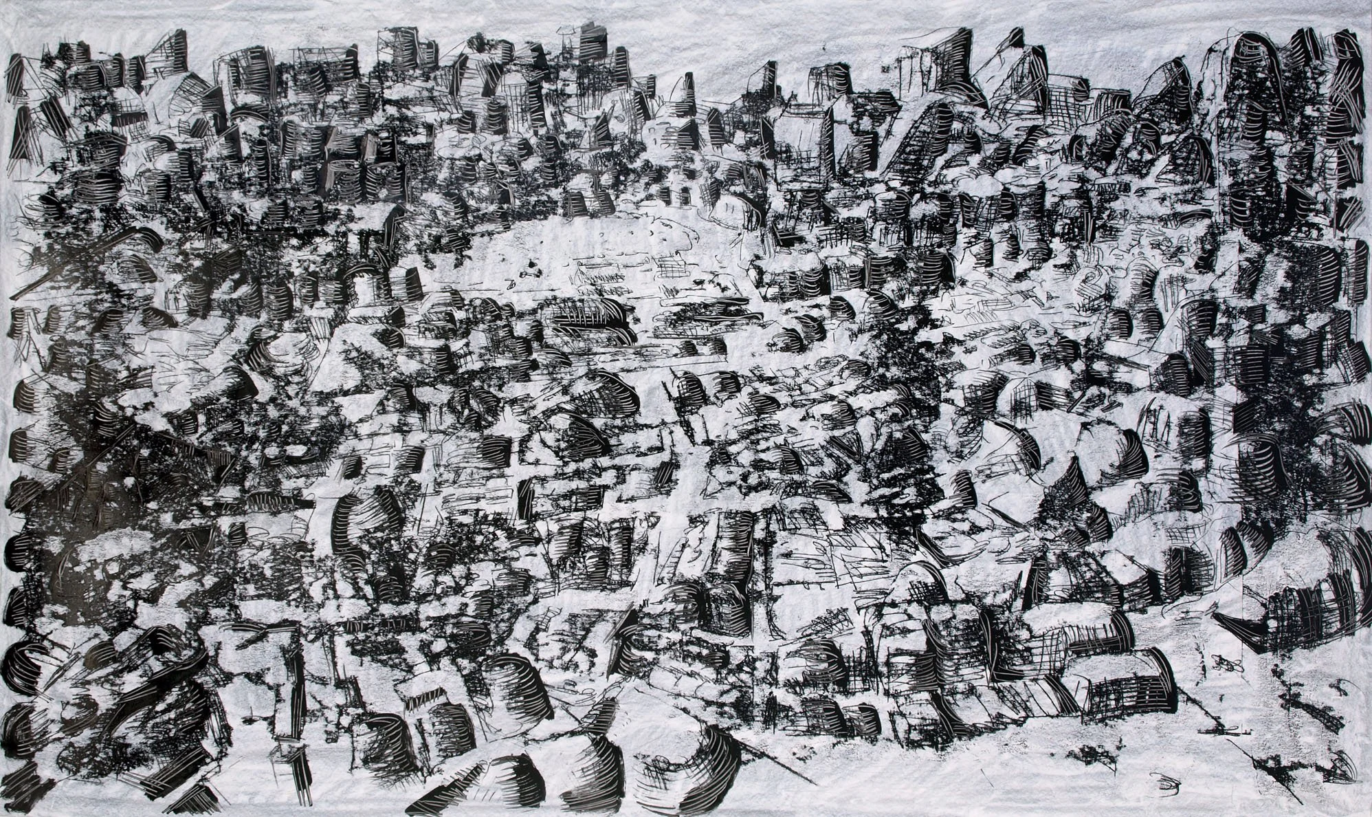 Ville en ruine V, Monotype et huile sur papier, 2011, 80x135 cm