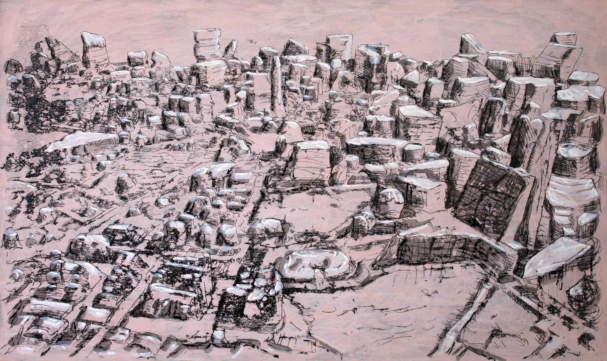 Ville en ruine, Monotype et huile sur papier, 2011, 80x135 cm