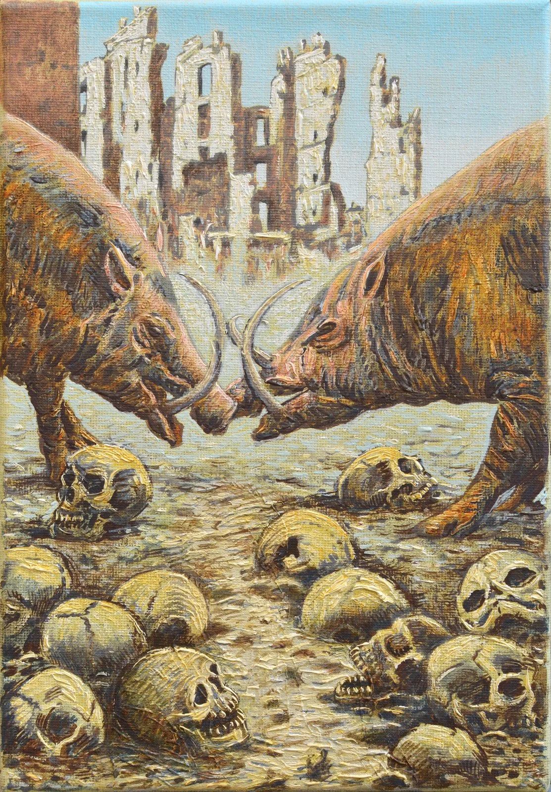 Duel, 2018, huile sur toile, 29x17 cm