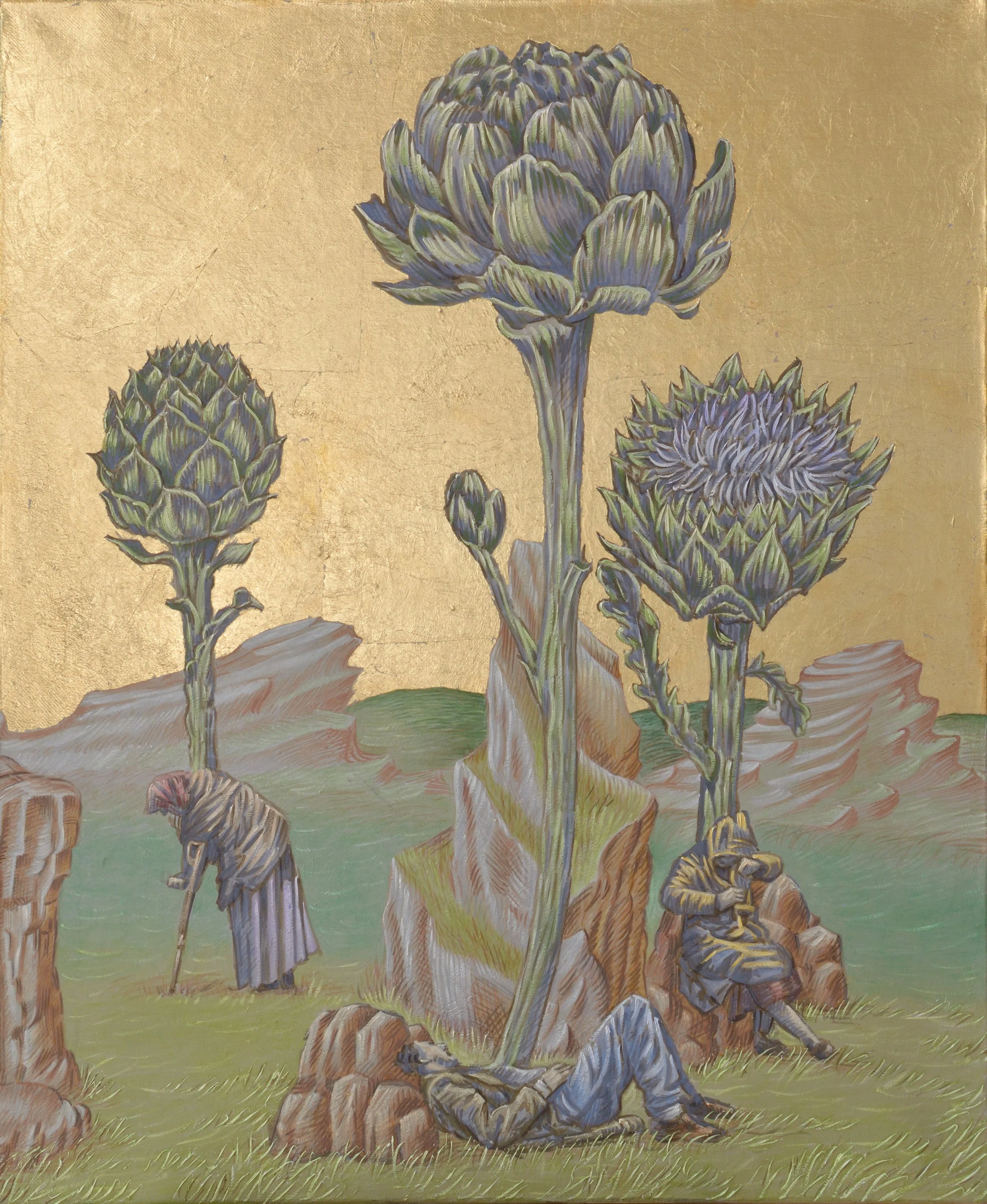 Fleuris, 2024, huile et feuille d'or sur toile, 46x38 cm