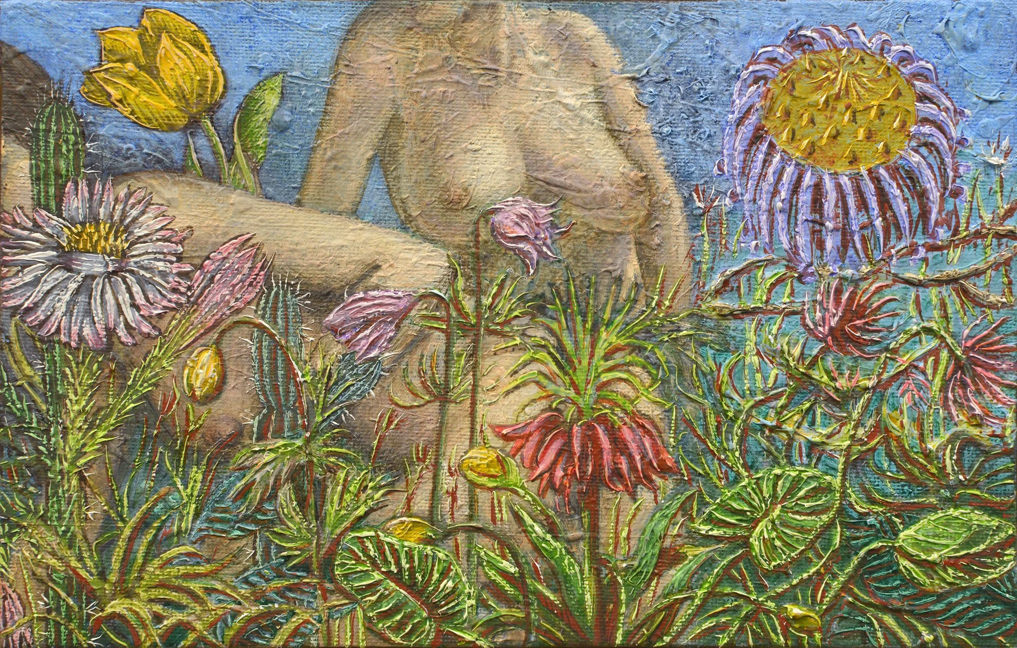 Filles et fleurs, 2017, huile sur toile, 14x22 cm