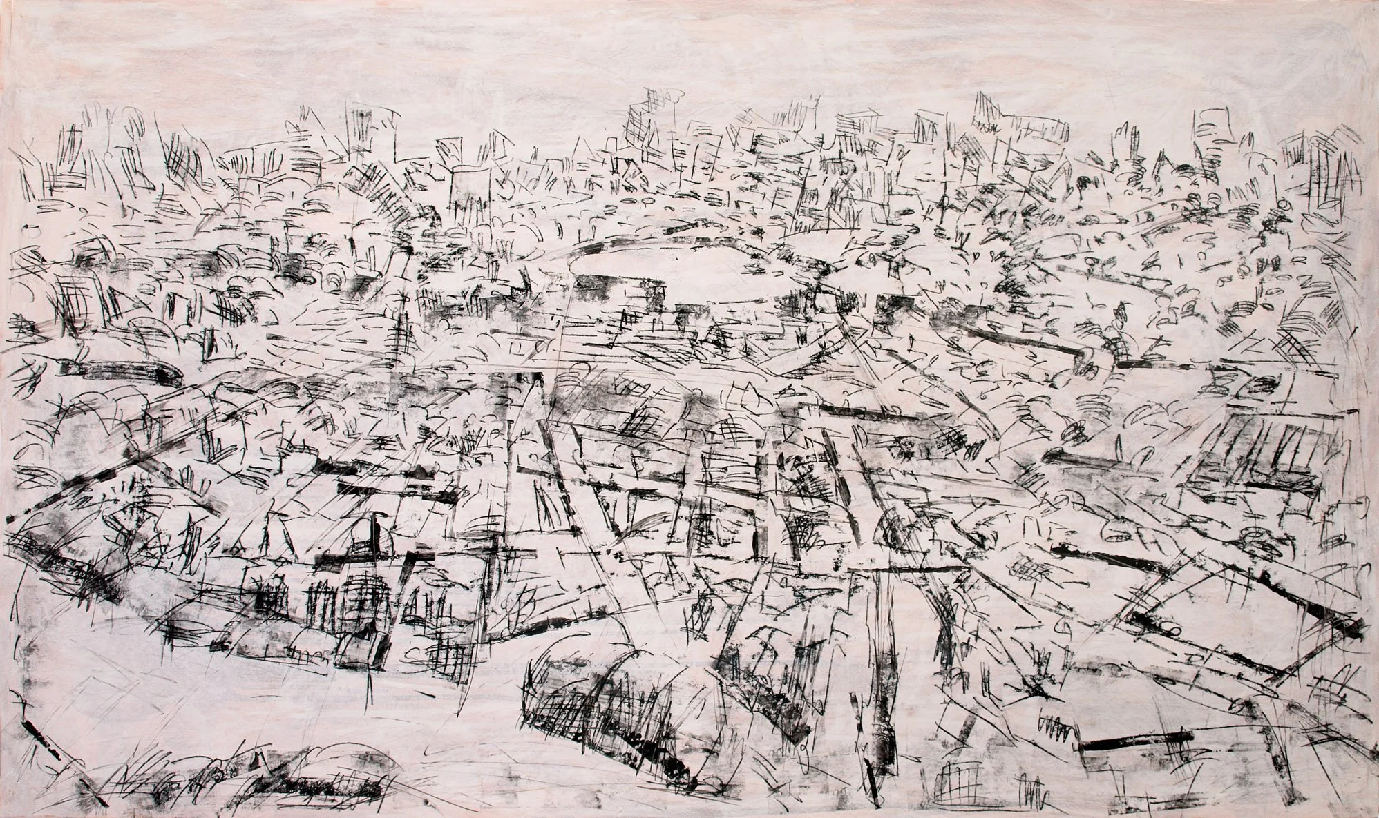 Ville en ruine II, Monotype et huile sur papier, 2011, 80x135 cm