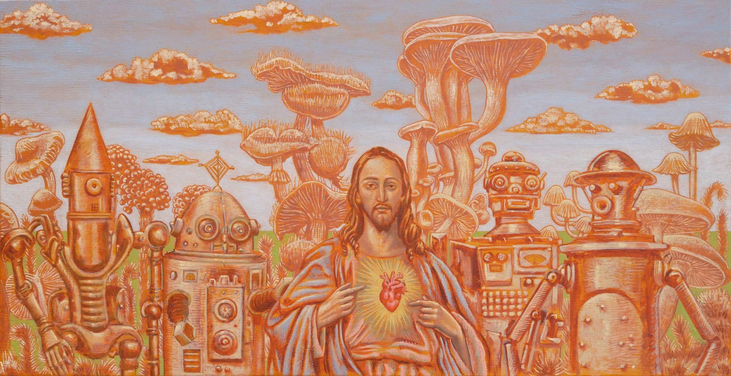 Jésus parmi les robots, 2021, huile sur bois, 38x73 cm