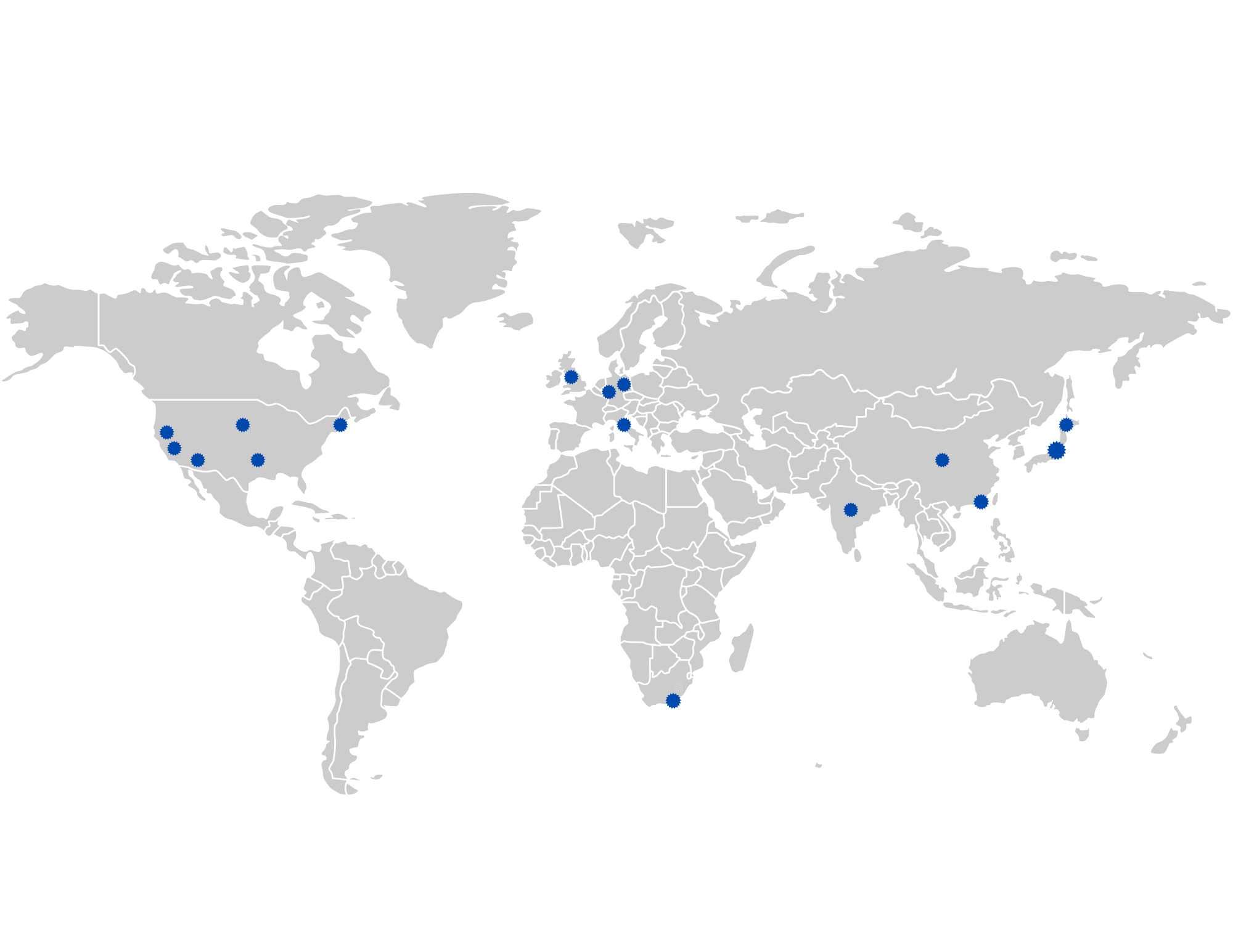 World map with blue dots marking locations in the United States, United Kingdom, France, Spain, Netherlands, South Africa, Japan, and Australia.