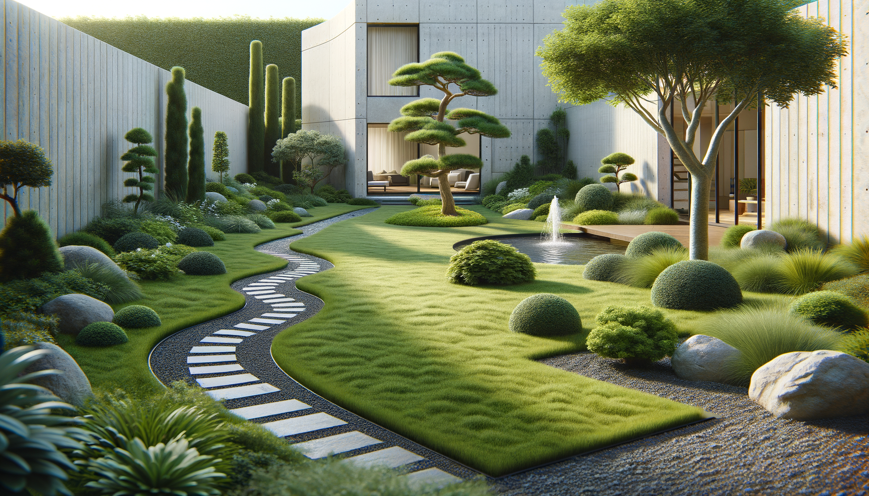 Modern backyard garden with a curved stone pathway, manicured grass, a small pond with a fountain, and various shaped shrubs and trees. A concrete building with large windows is in the background.