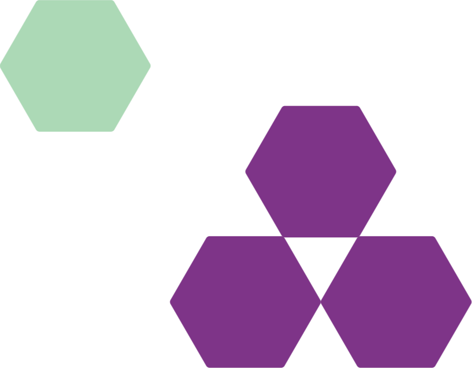 Seis hexágonos, uno verde en la esquina superior izquierda y cinco morados en la parte central y derecha del diagrama.