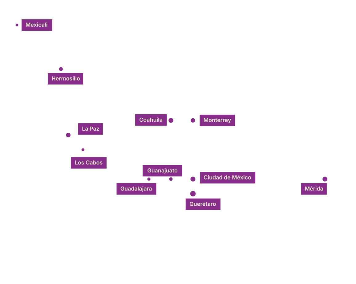 Mapa de México con nombres de diferentes estados marcados en púrpura, incluyendo Mexicali, Hermosillo, La Paz, Los Cabos, Guanajuato, Guadalajara, Querétaro, Ciudad de México, Monterrey, Mérida.