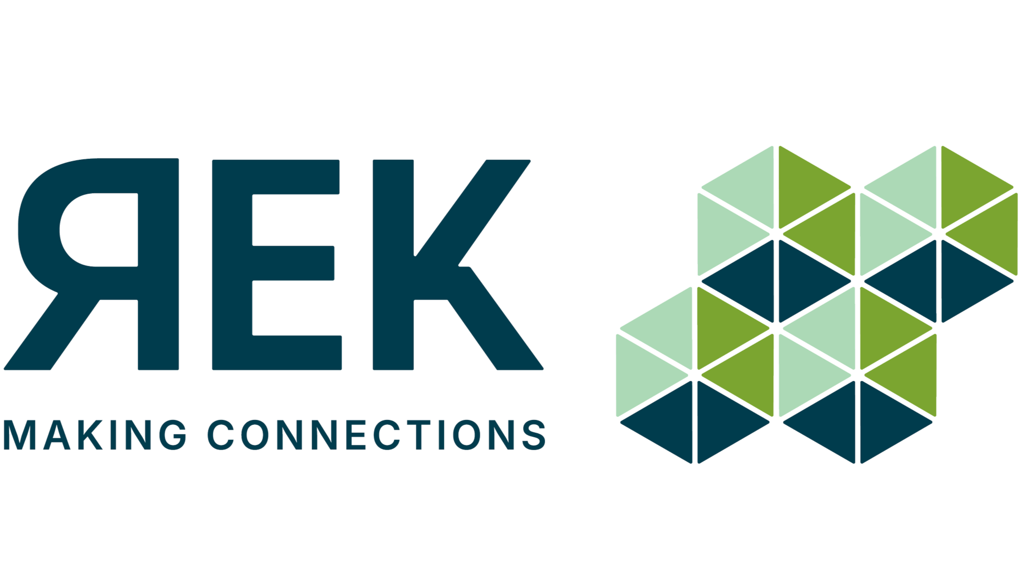 Logotipo de REK con letras grandes y el lema 'Making Connections' junto a un diseño de cubos en tonos verdes y azules.