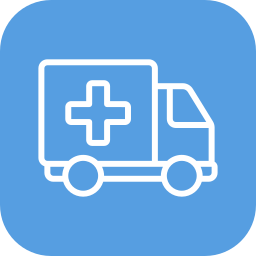 Icon of an ambulance with a medical cross on the side, on a blue background.