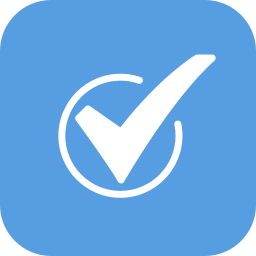 Blue background with a white checkmark inside a circle.
