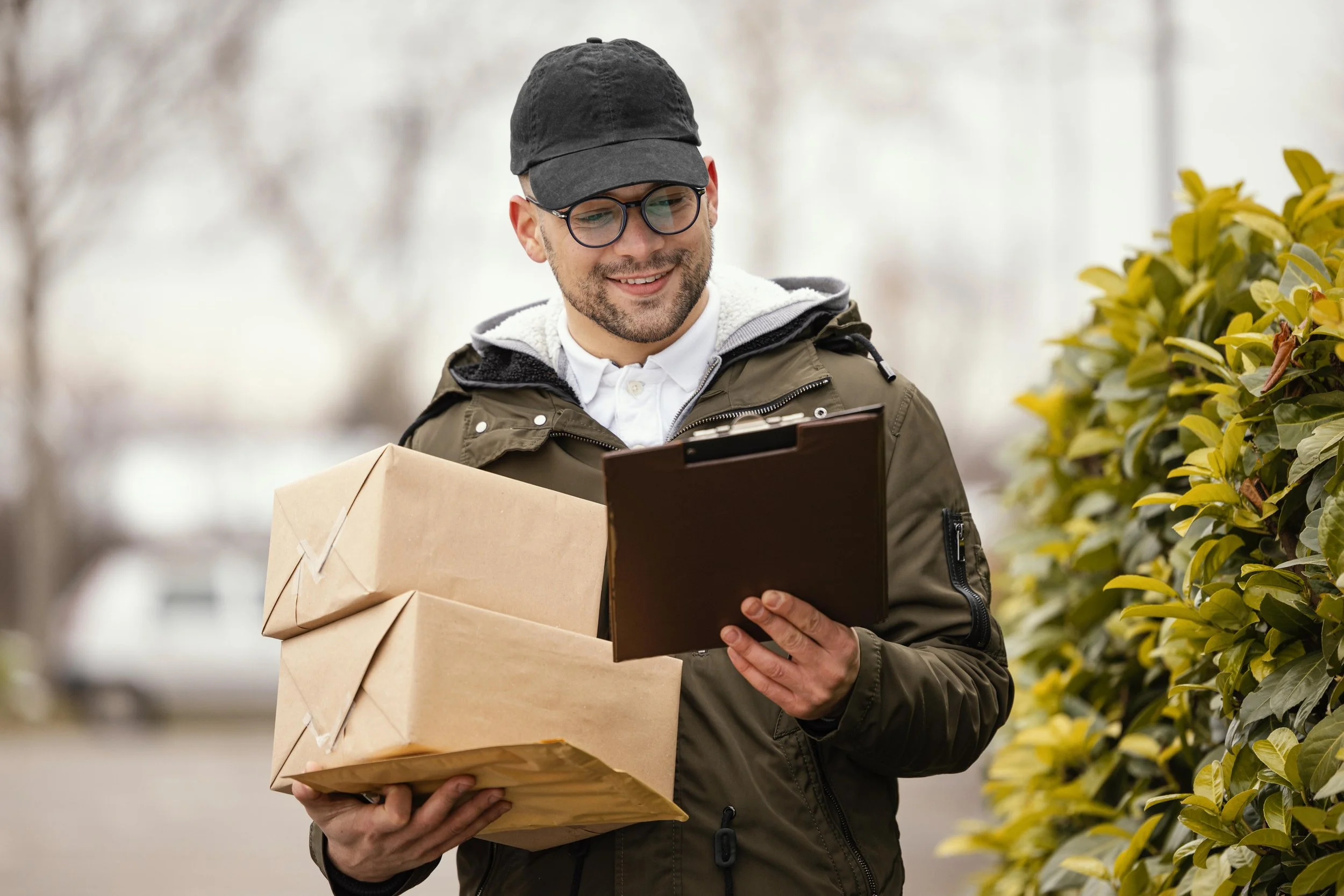 A man with glasses, a black cap, and a brown jacket is holding two paper bags and a clipboard while standing outdoors among yellow-green bushes.