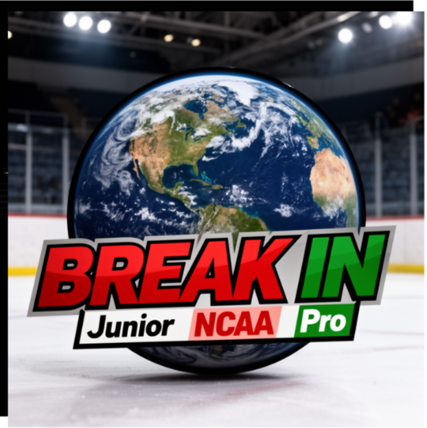 Logo for "Break In Junior NCAA Pro" featuring a globe on an ice hockey rink.
