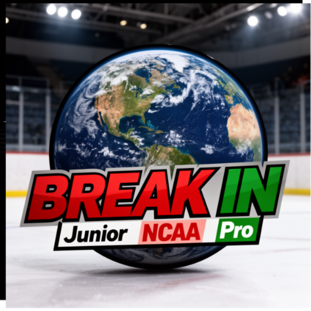 Logo for the video game 'Break In Junior NCAA Pro' featuring a globe on an ice hockey rink