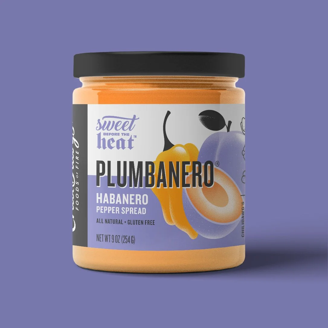 Plum pepper jelly packaging design for Chilidawgs featuring illustrated fruit and bold typography