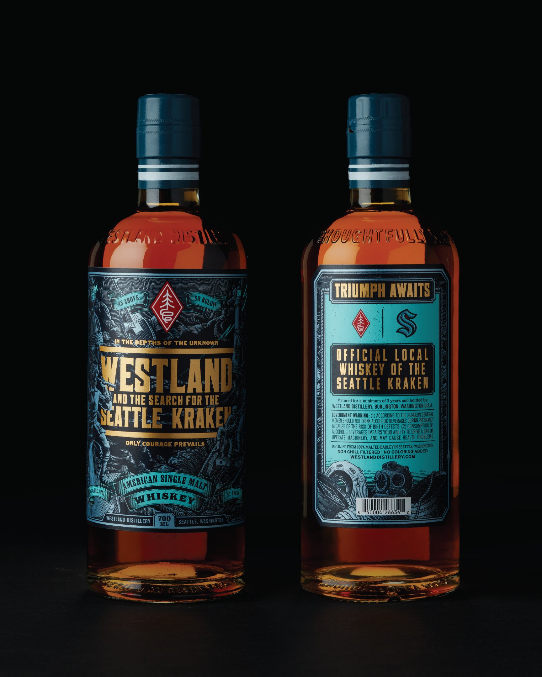 Whiskey bottle packaging design for Westland Distillery x Seattle Kraken limited release