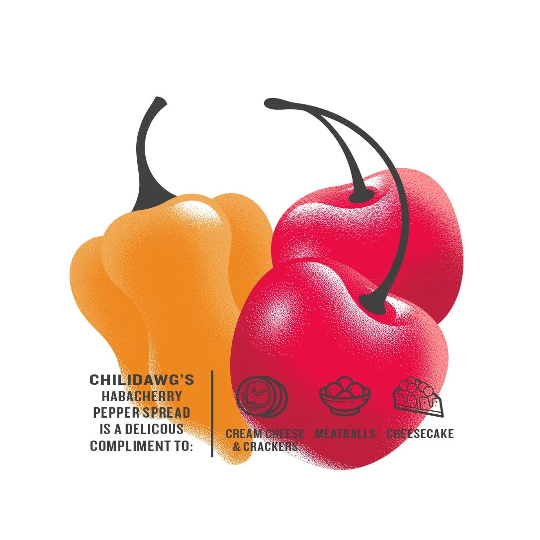 Pepper jelly packaging illustrated cherries and pepper with icons