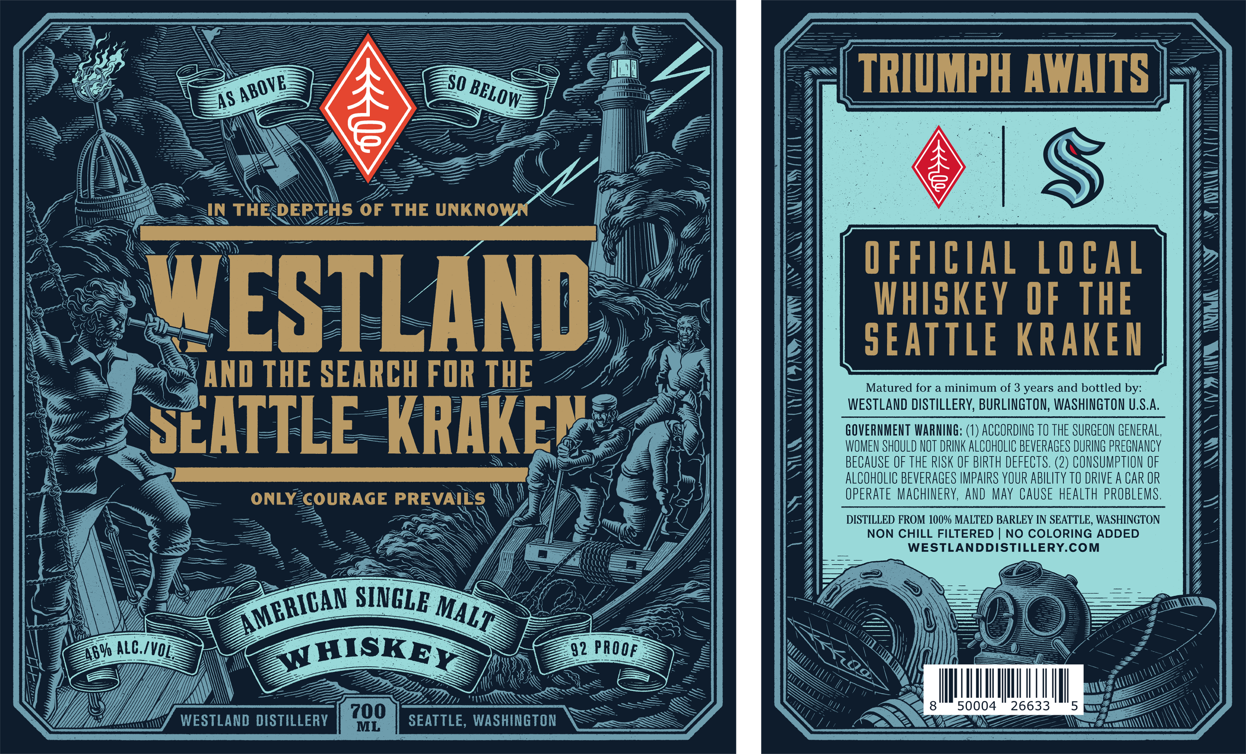 Illustrated whiskey label design for Westland Distillery featuring narrative Kraken concept
