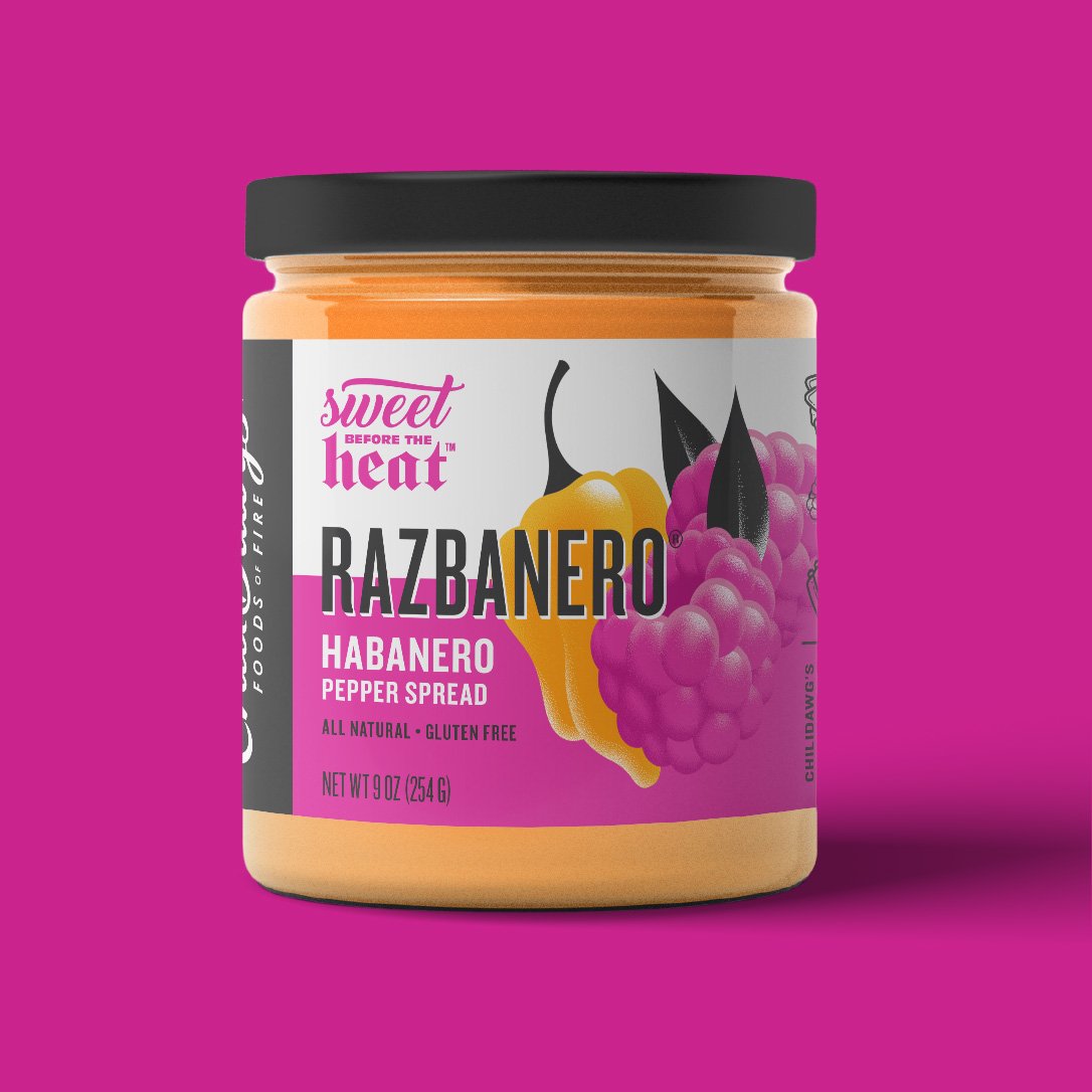 Raspberry pepper jelly packaging design for Chilidawgs featuring illustrated fruit and bold typography