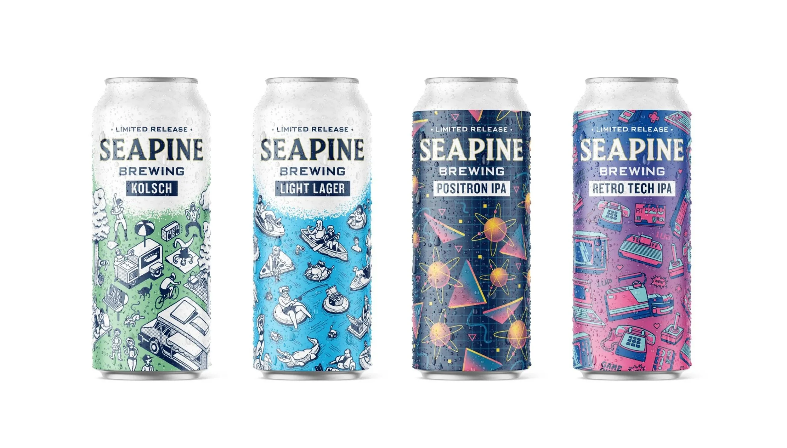 Craft beer can packaging design for Seapine Brewery featuring illustrated pattern system