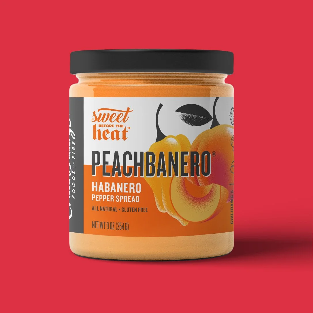 Peach pepper jelly packaging design for Chilidawgs featuring illustrated fruit and bold typography