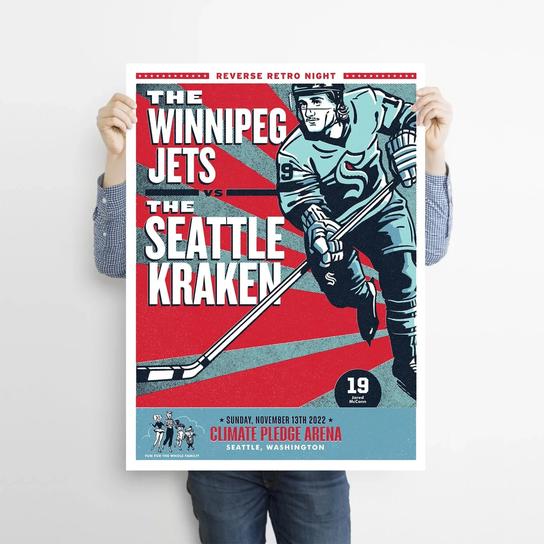 Illustrated poster design for Seattle Kraken Reverse Retro series featuring Jared McCann