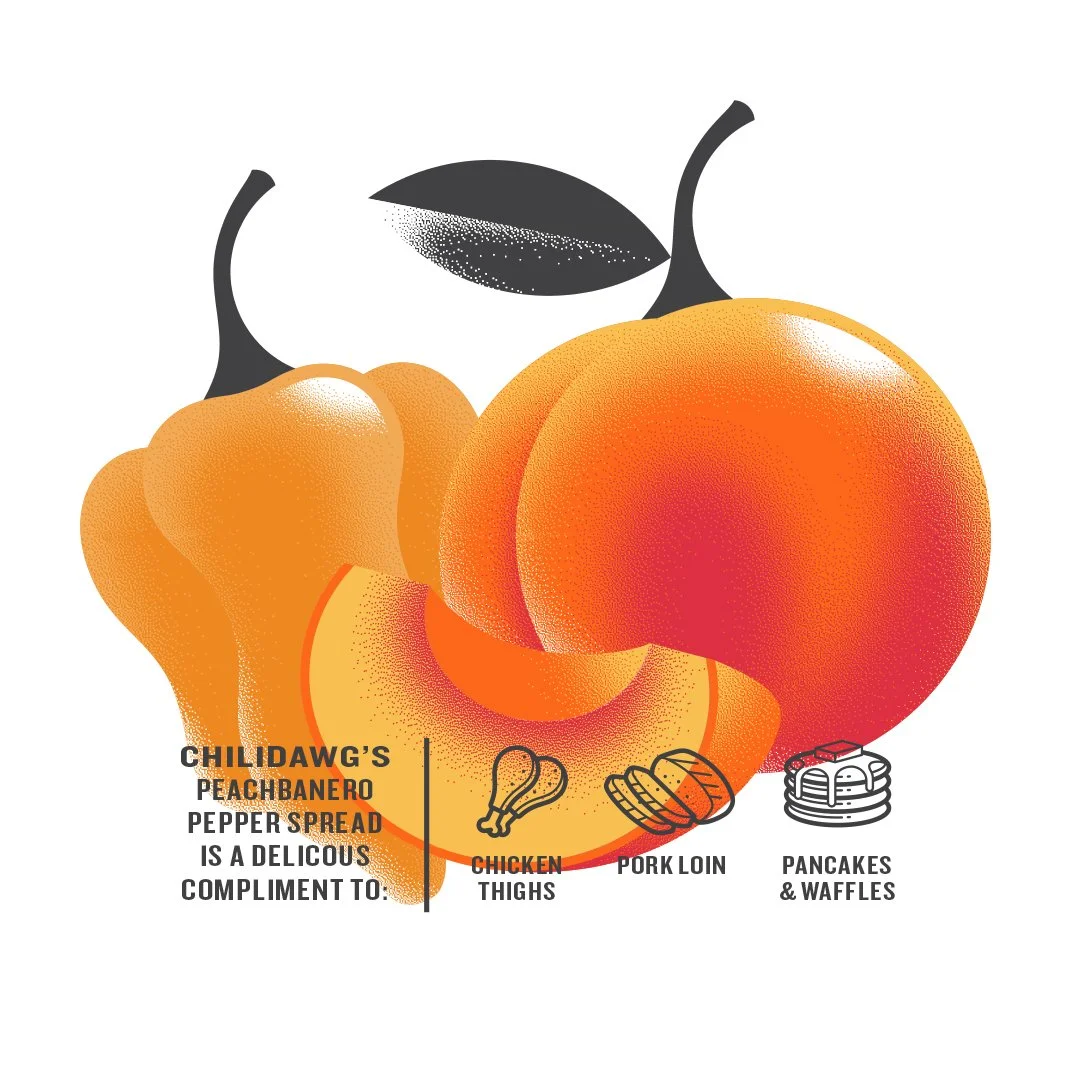 Pepper jelly packaging illustrated peach and pepper with icons