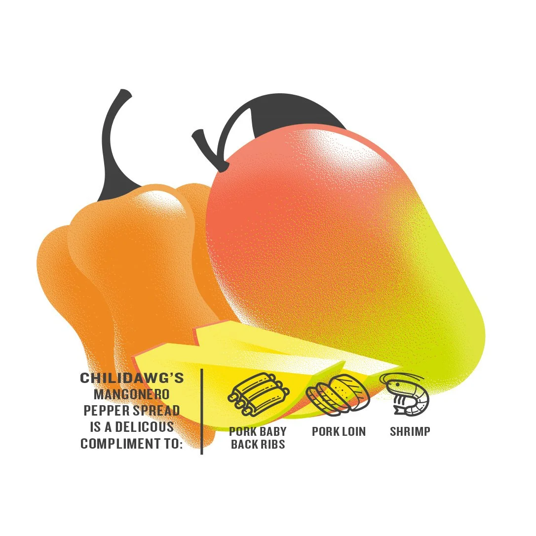 Pepper jelly packaging illustrated mango and pepper with icons