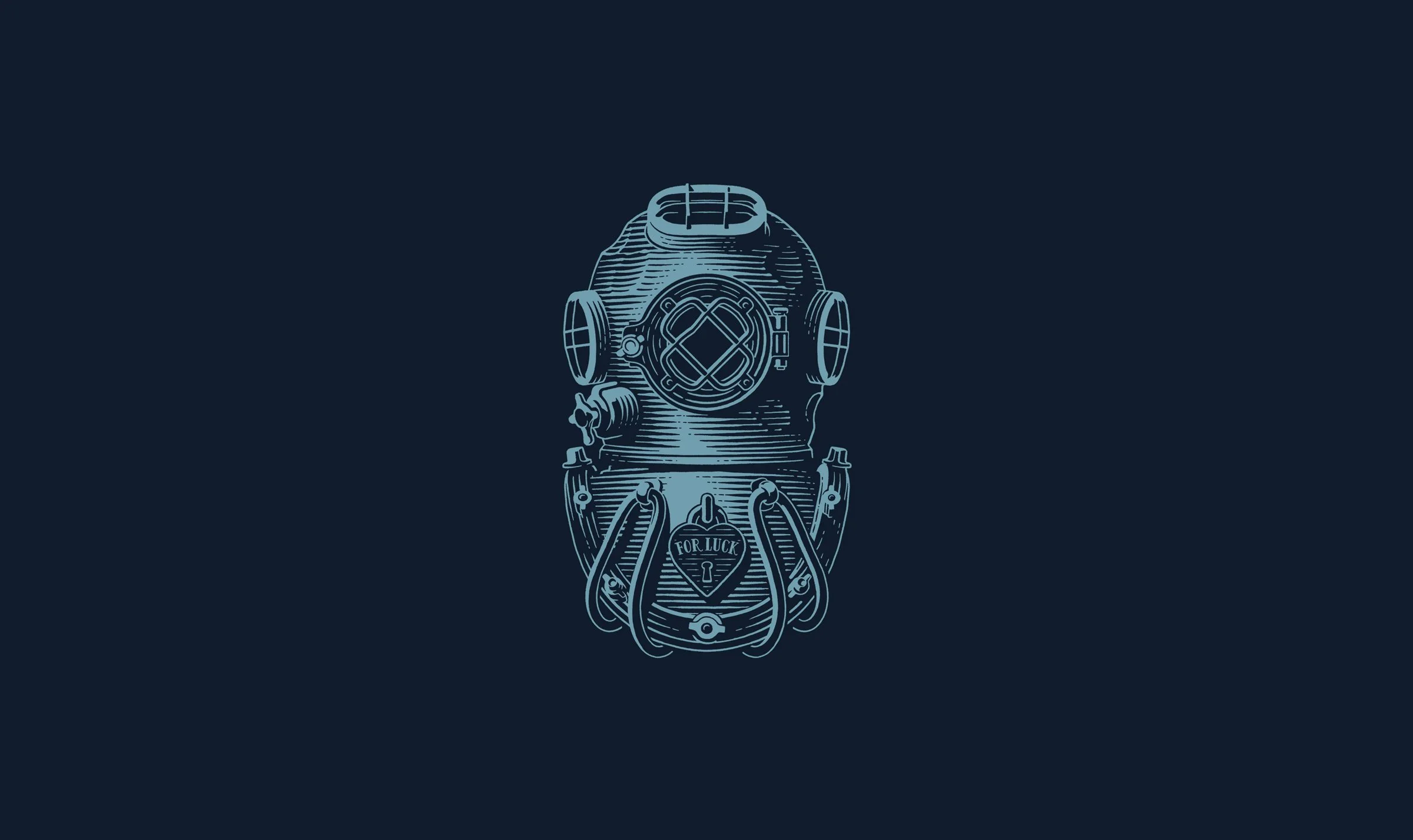 Illustration of a dented diving helmet with a pendant that says For Luck