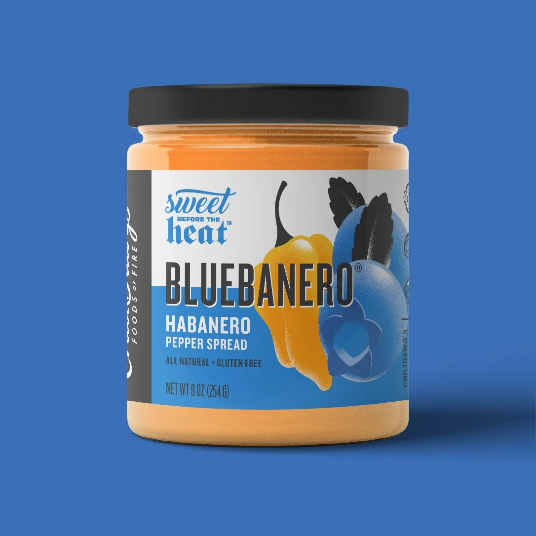 Blueberry pepper jelly packaging design for Chilidawgs featuring illustrated fruit and bold typography