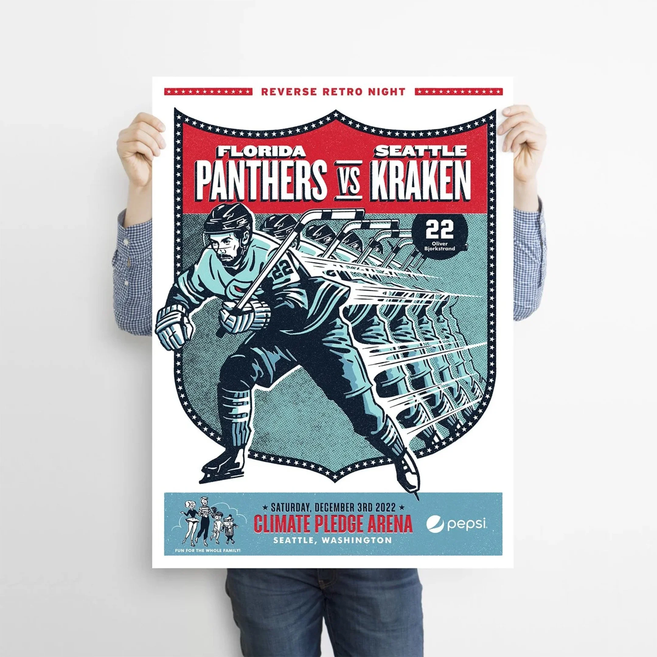 Illustrated poster design for Seattle Kraken Reverse Retro series featuring Oliver Bjorkstrand
