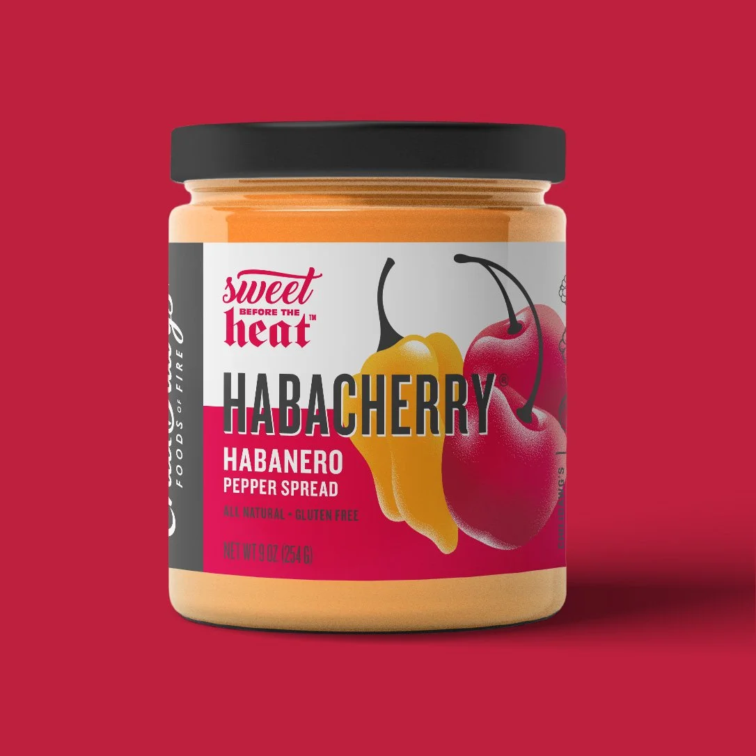 Cherry pepper jelly packaging design for Chilidawgs featuring illustrated fruit and bold typography