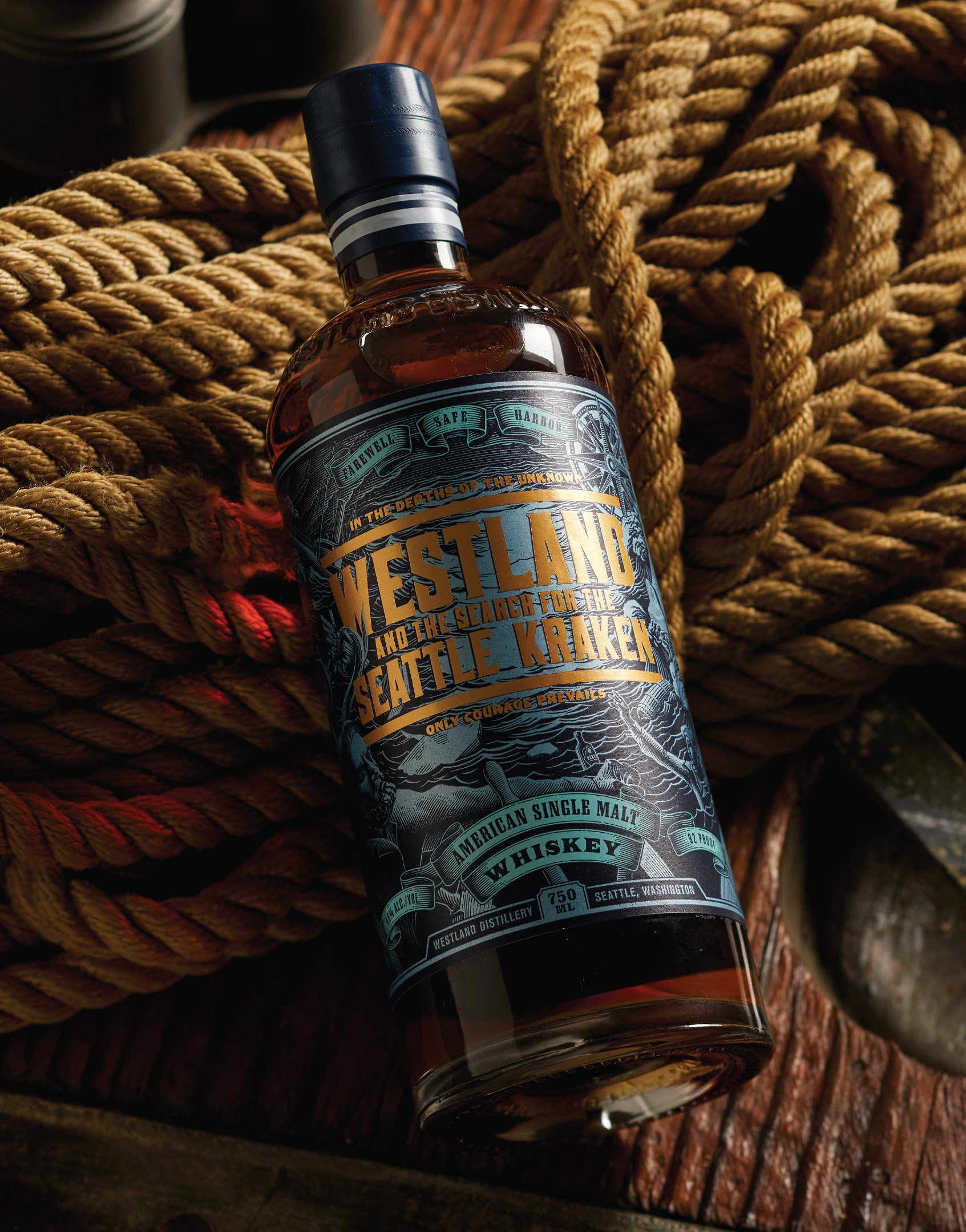 Whiskey bottle packaging design for Westland Distillery x Seattle Kraken limited release