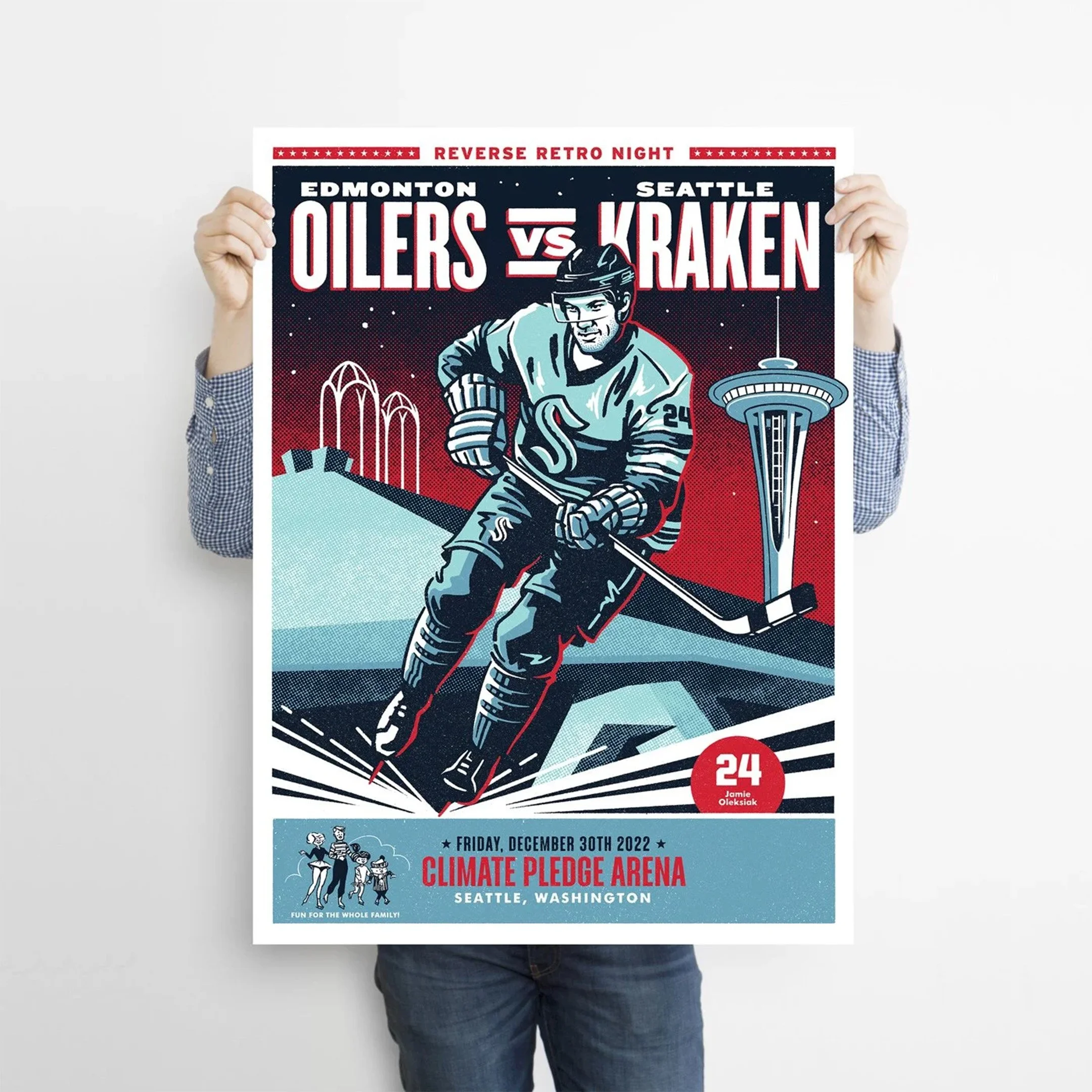 Illustrated poster design for Seattle Kraken Reverse Retro series featuring Jamie Oleksiak