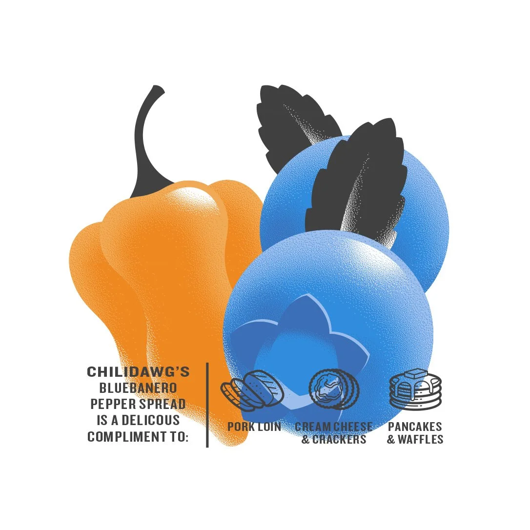 Blueberry pepper jelly packaging illustrated peach and pepper with icons