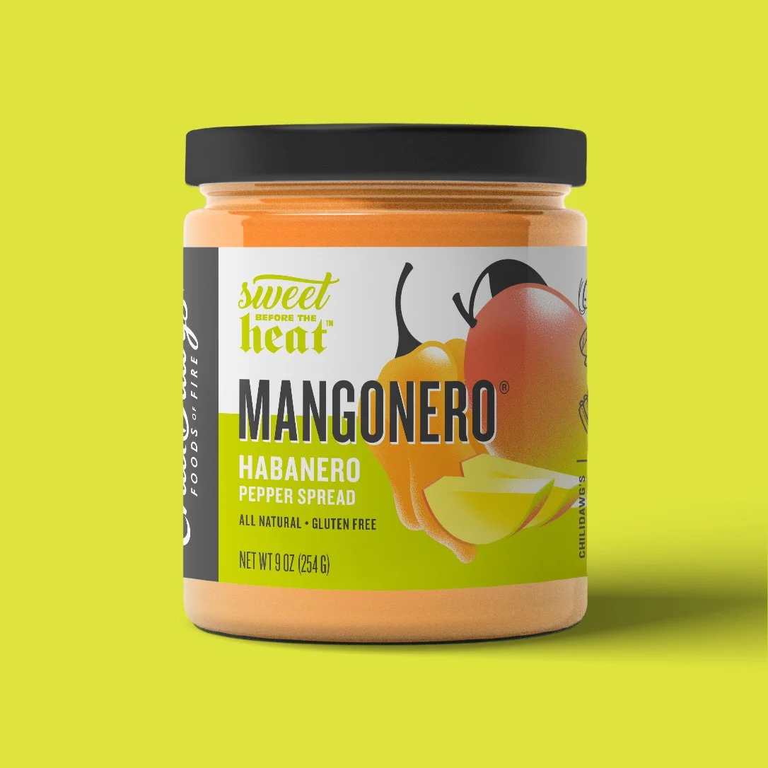 Mango pepper jelly packaging design for Chilidawgs featuring illustrated fruit and bold typography