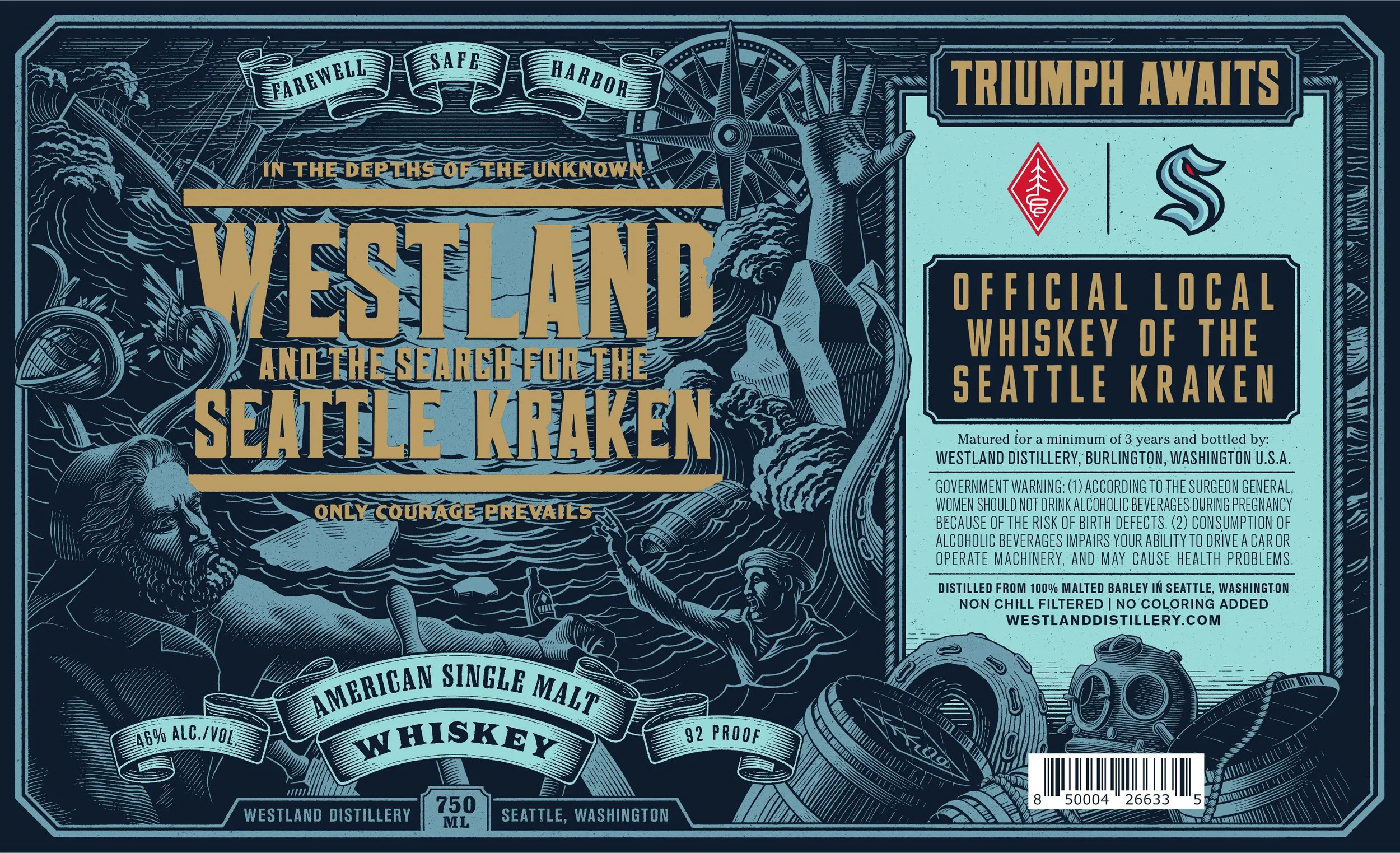 Illustrated whiskey label design for Westland Distillery featuring narrative Kraken concept