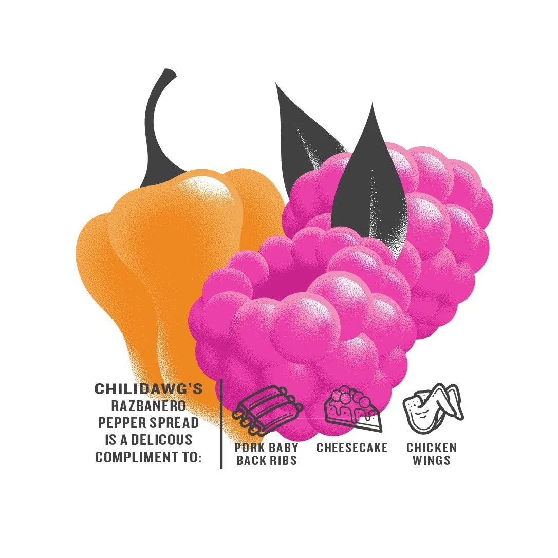 Pepper jelly packaging illustrated raspberries and pepper with icons