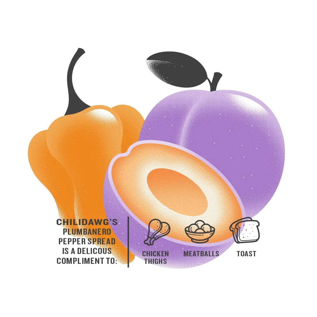 Pepper jelly packaging illustrated plum and pepper with icons