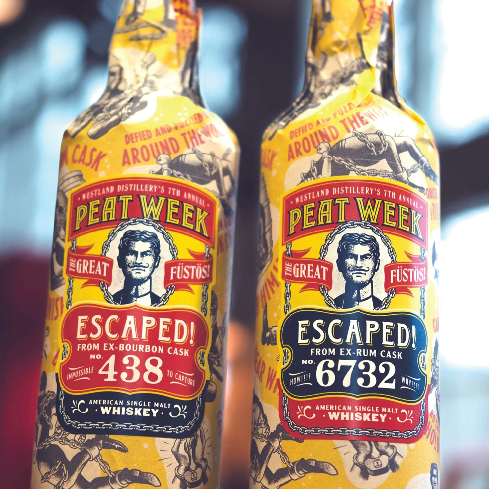 Peat Week whiskey packaging design for Westland Distillery featuring illustrated Fustos character