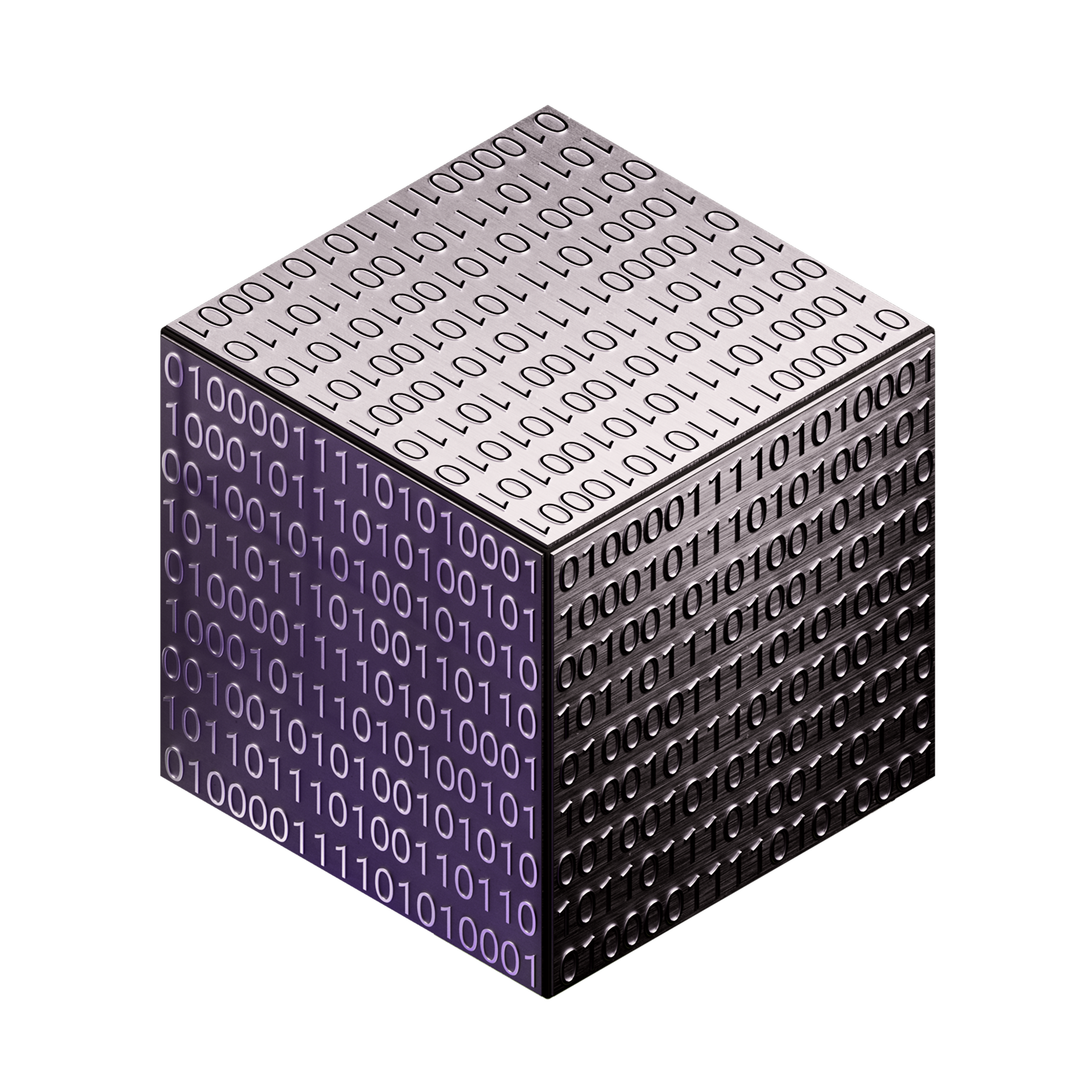 Cubo tridimensional con lados cubiertos de códigos binarios en 0 y 1, en colores negro, gris y morado, sobre fondo negro.